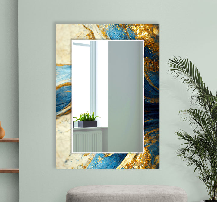 Blue & Gold Marble Glass Wall Mirror – Elegant Abstract Accent Piece