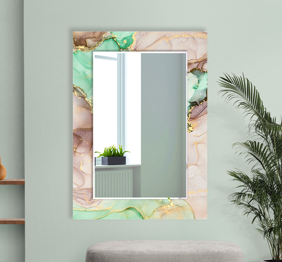 Mint & Gold Marble Glass Wall Mirror – Elegant Pastel Decor Accent