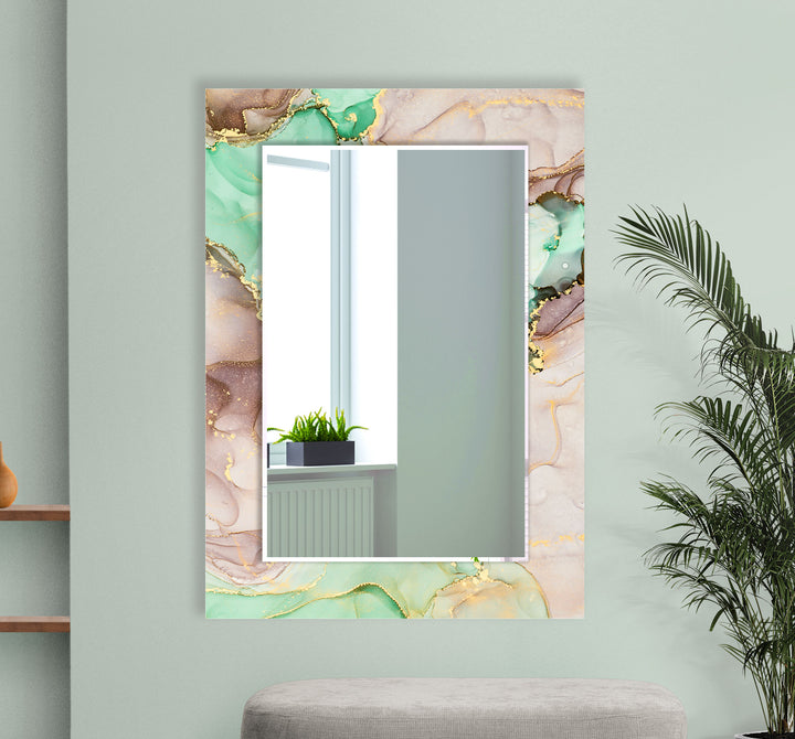 Mint & Gold Marble Glass Wall Mirror – Elegant Pastel Decor Accent