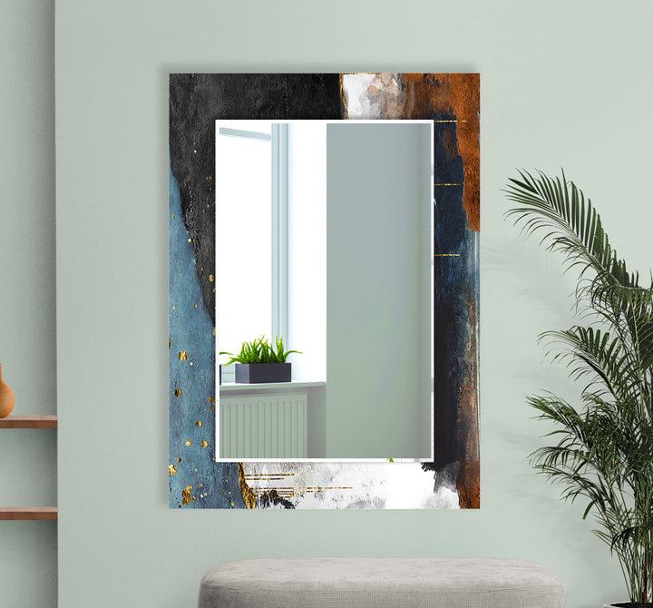 Luxury Textured Glass Wall Mirror – Abstract Blue & Gold Accent