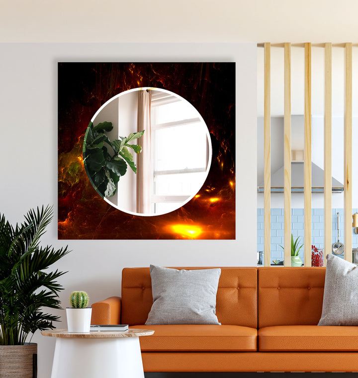 Lava Glow Glass Wall Mirror – Round Abstract Fire Design for Modern Spaces