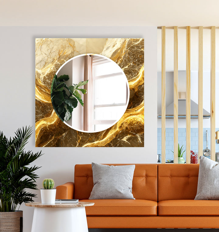 Golden Swirl Marble Glass Wall Mirror – Elegant Luxury Decor Piece