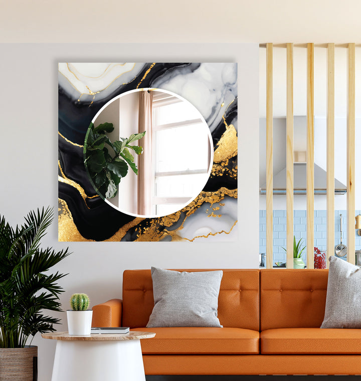 Black & Gold Marble Glass Wall Mirror – Modern Luxury Bathroom Accent