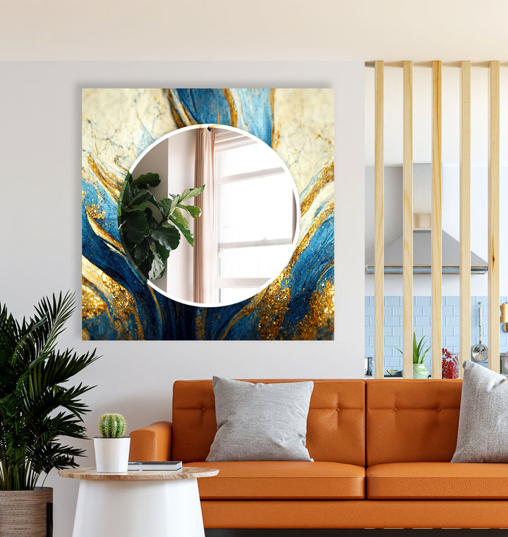 Blue & Gold Marble Glass Wall Mirror – Elegant Abstract Accent Piece