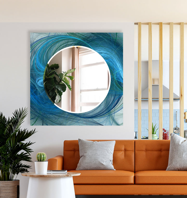 Ocean Wave Glas-Wandspiegel – Blaues Wirbel-Abstrakt-Design