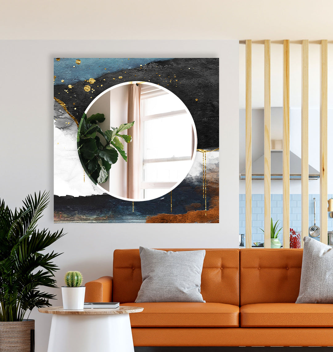 Luxury Textured Glass Wall Mirror – Abstract Blue & Gold Accent