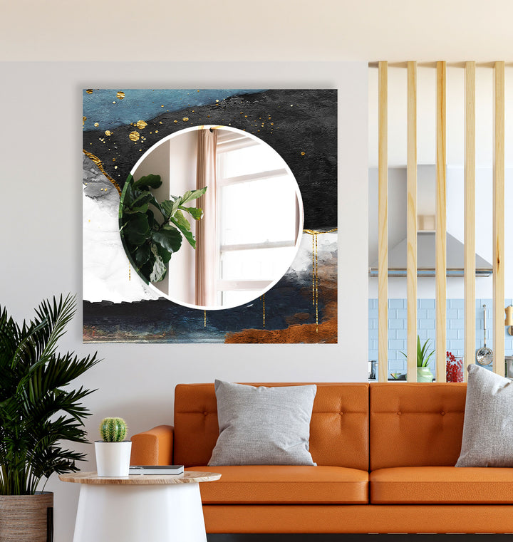 Luxury Textured Glass Wall Mirror – Abstract Blue & Gold Accent