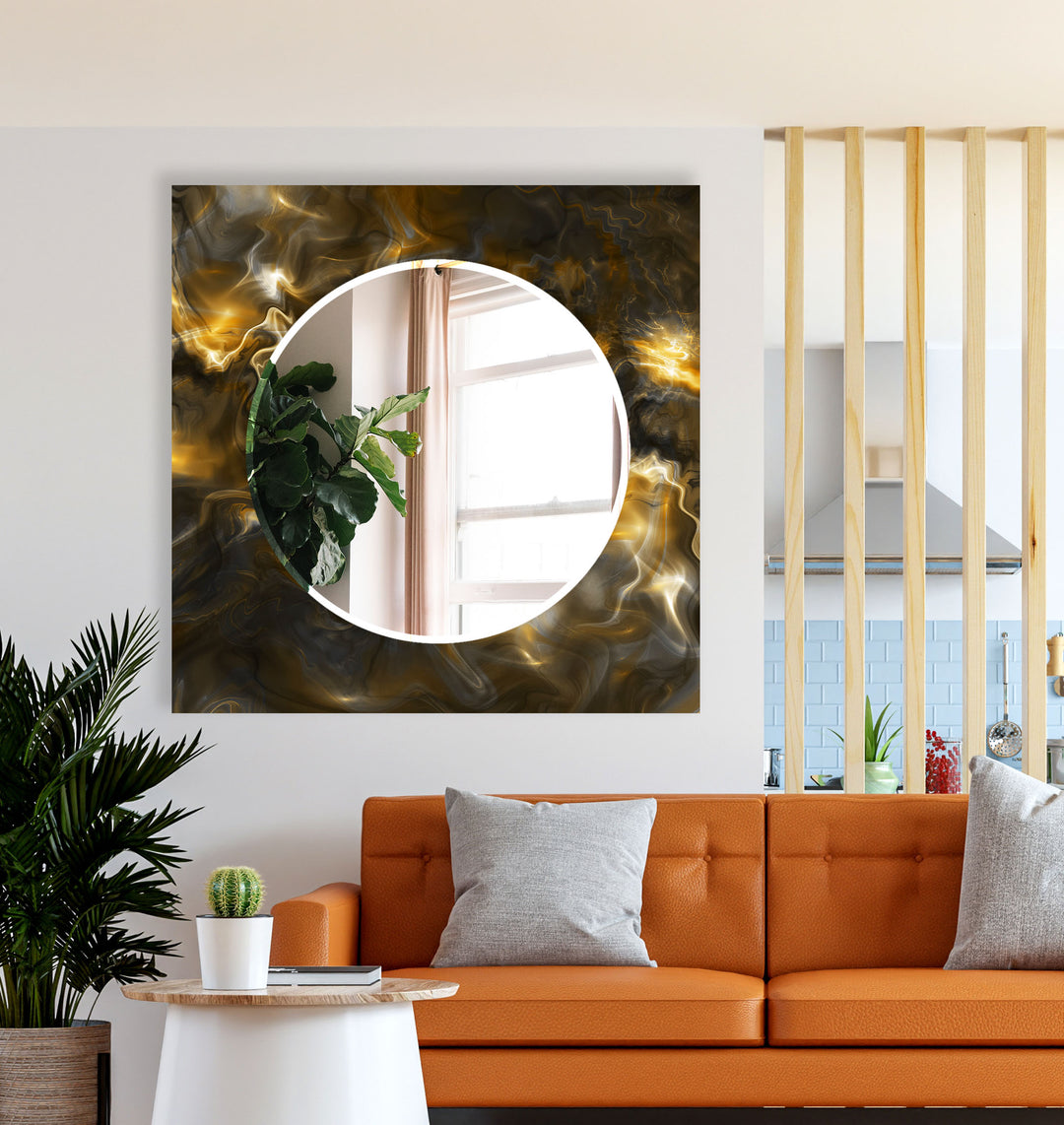 Golden Energy Glass Wall Mirror – Modern Abstract Accent for Home
