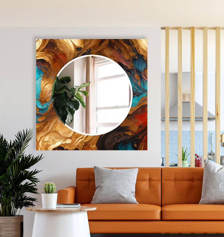 Rust & Teal Marble Glass Wall Mirror – Artistic Round Accent for Modern Interiors