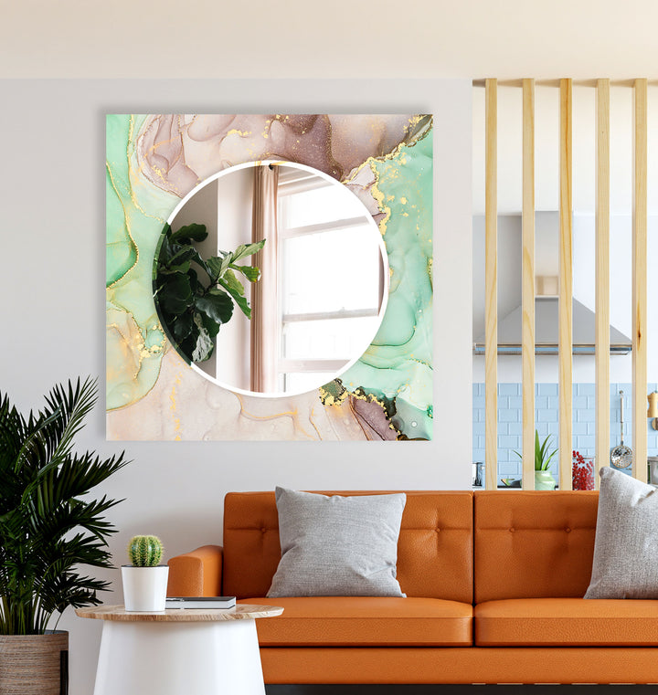 Mint & Gold Marble Glass Wall Mirror – Elegant Pastel Decor Accent