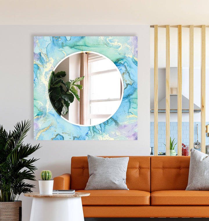 Pastel Blue & Lavender Glass Wall Mirror – Abstract Watercolor Accent