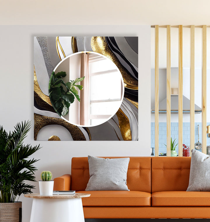Gold Wave Abstrakter Glas-Wandspiegel – Elegante moderne Wanddekoration