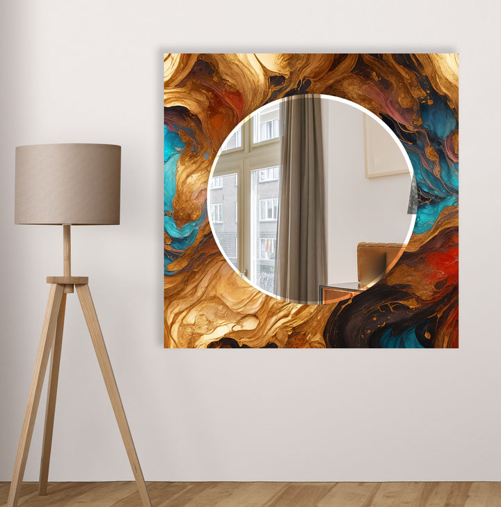 Rust & Teal Marble Glass Wall Mirror – Artistic Round Accent for Modern Interiors