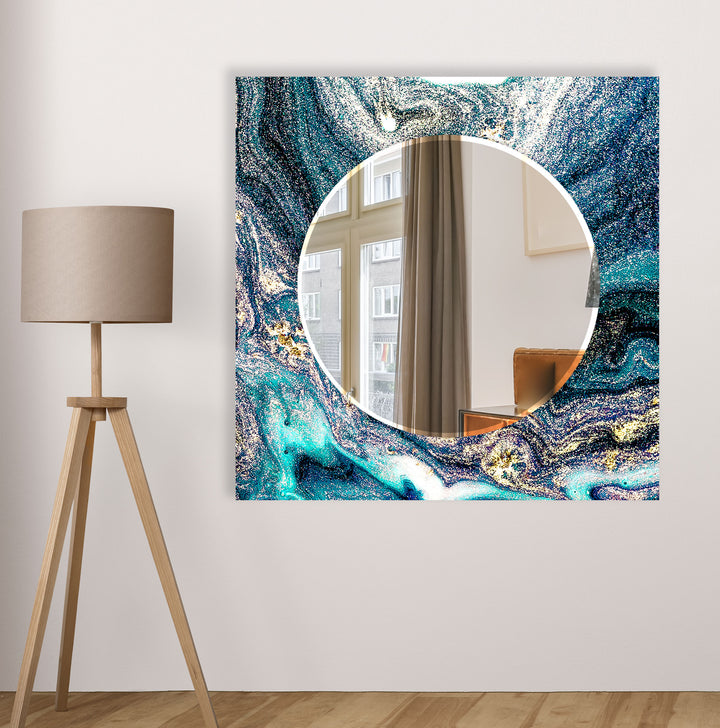 Galaxy Teal & Gold Round Glass Wall Mirror – Cosmic Abstract Accent