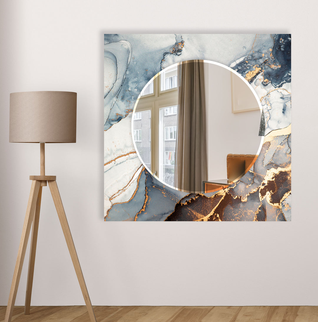 Blue & Gold Marble Glass Wall Mirror – Luxury Modern Statement Decor