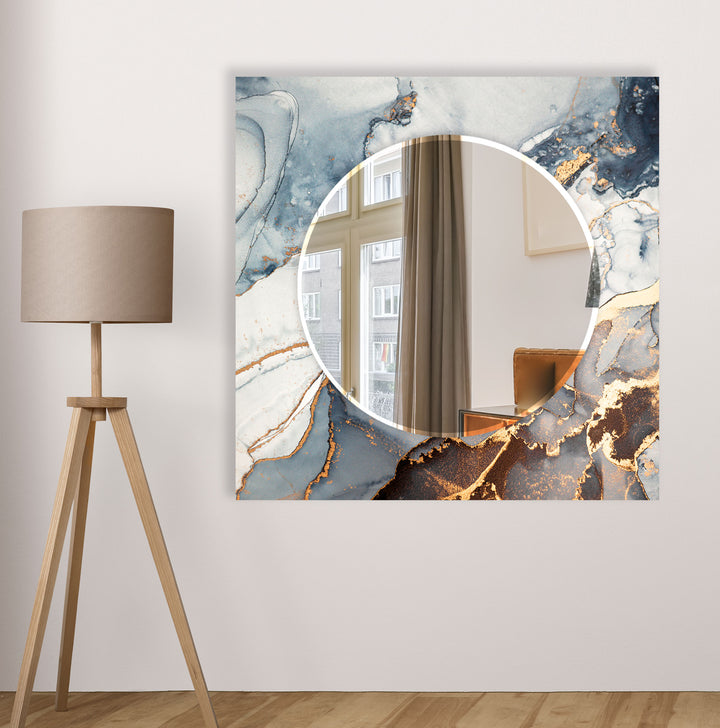Blue & Gold Marble Glass Wall Mirror – Luxury Modern Statement Decor