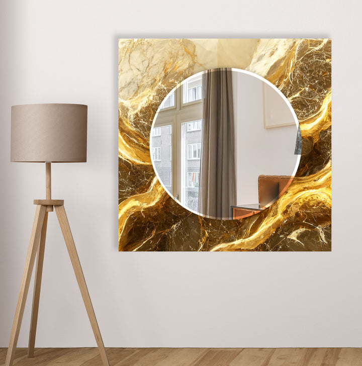 Golden Swirl Marble Glass Wall Mirror – Elegant Luxury Decor Piece