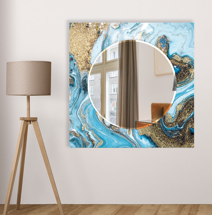 Blue & Gold Marble Glass Wall Mirror – Glam Modern Accent Decor
