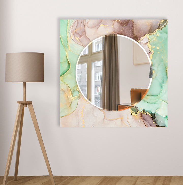 Mint & Gold Marble Glass Wall Mirror – Elegant Pastel Decor Accent