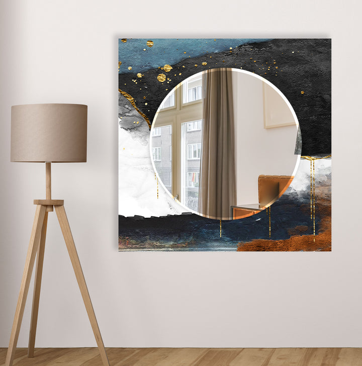 Luxury Textured Glass Wall Mirror – Abstract Blue & Gold Accent