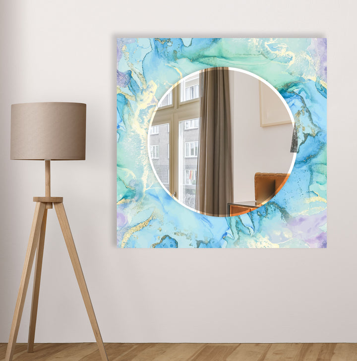 Pastel Blue & Lavender Glass Wall Mirror – Abstract Watercolor Accent