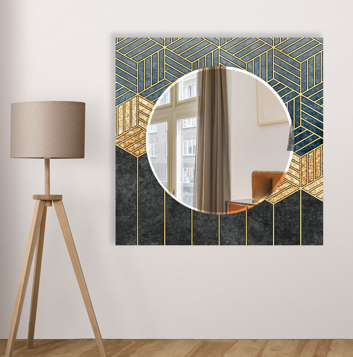 Geometric Gold & Blue Glass Wall Mirror – Modern Luxury Home Accent