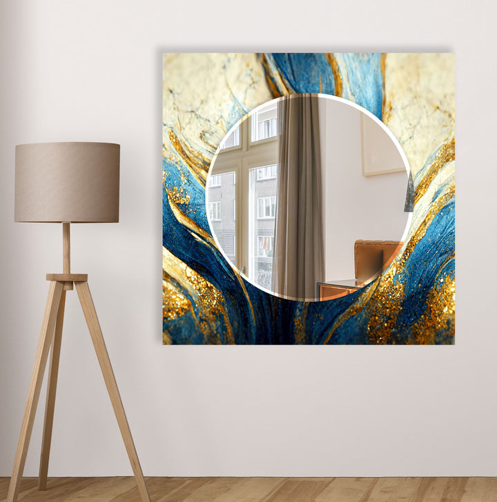 Blue & Gold Marble Glass Wall Mirror – Elegant Abstract Accent Piece