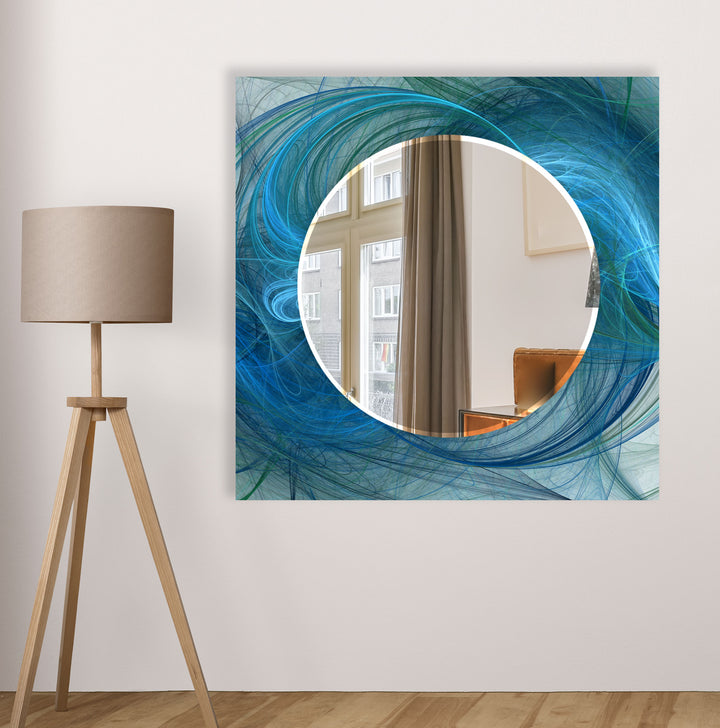Ocean Wave Glas-Wandspiegel – Blaues Wirbel-Abstrakt-Design