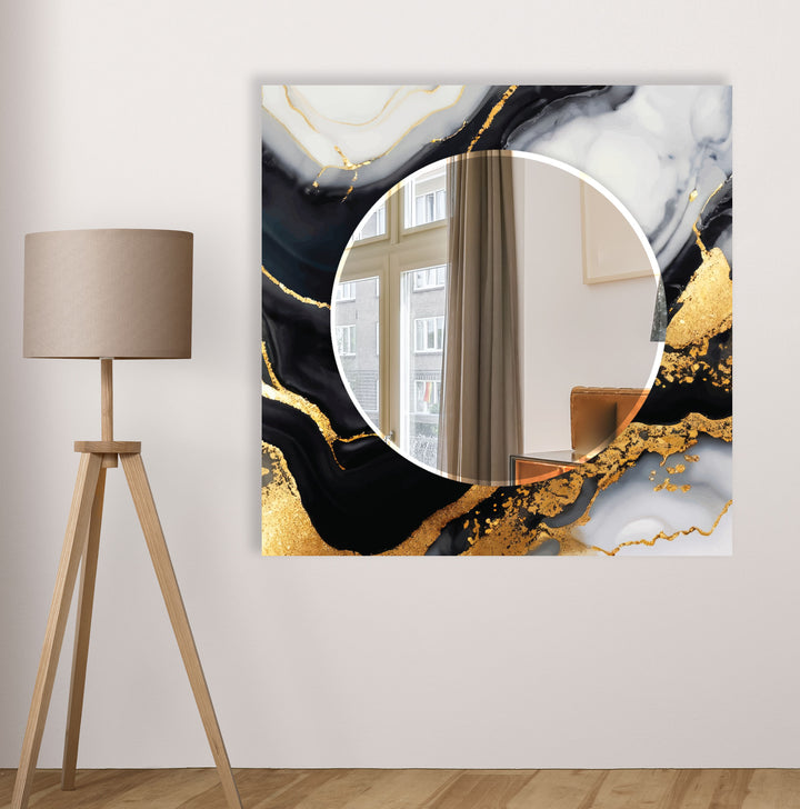 Black & Gold Marble Glass Wall Mirror – Modern Luxury Bathroom Accent
