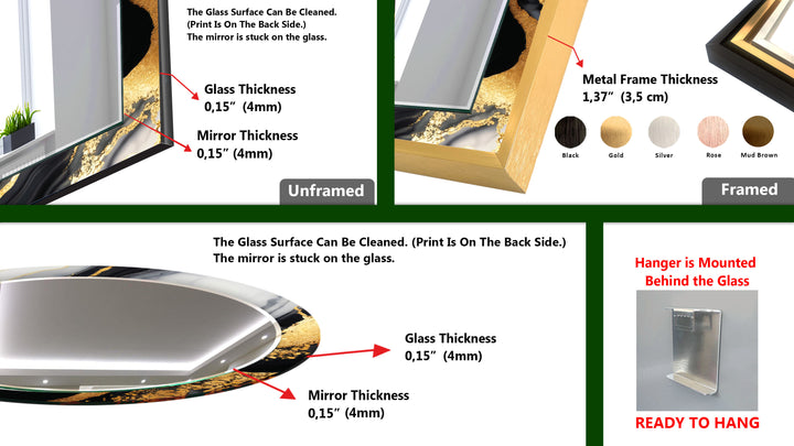 Black & Gold Marble Glass Wall Mirror – Modern Luxury Bathroom Accent