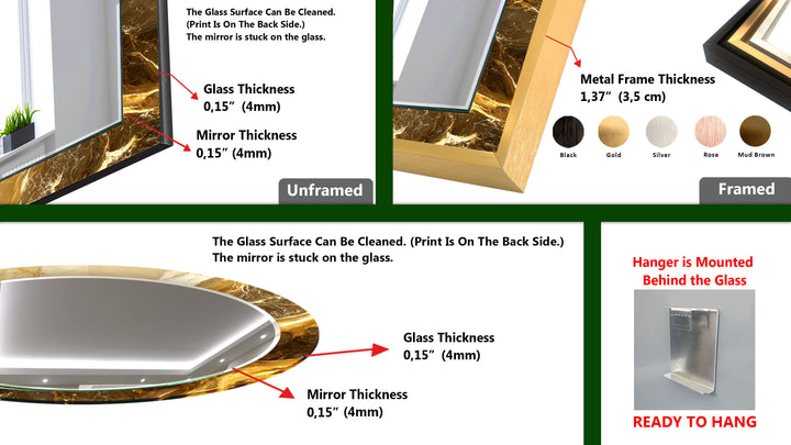 Golden Swirl Marble Glass Wall Mirror – Elegant Luxury Decor Piece
