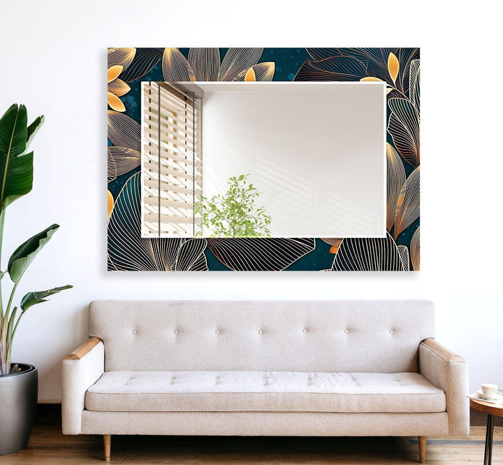 Dark Navy Golden Flowers Wall Mirrors Marble Mirror
