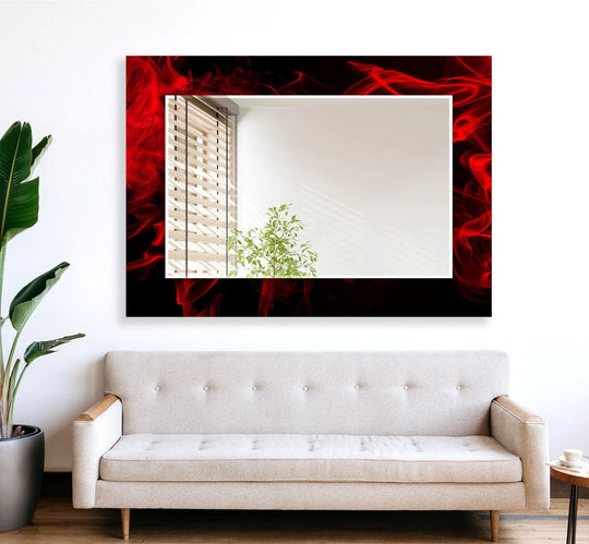 Red Smoke Abstract Black Frame Mirror showcasing a vivid red smoke design a striking modern wall accent for bold interiors horizontal