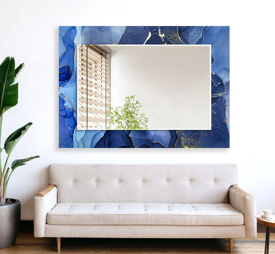 Blue and White Wall Mirror is a Bathroom Mirrors product with abstract luxury art in blue white and gold and a tempered glass vanity finish