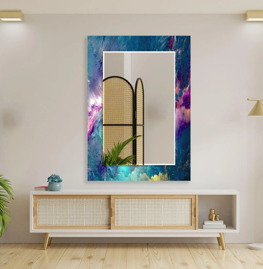 A large wall mirror features a blue and purple lightning design reflecting a room divider and plant for striking modern art