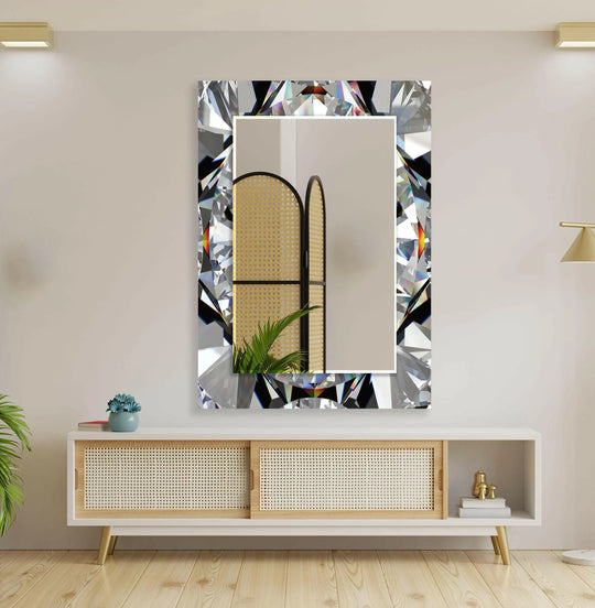 Large Wall Mirrors featuring a shiny diamond facet design and iridescent reflections a luxury statement piece in an abstract style