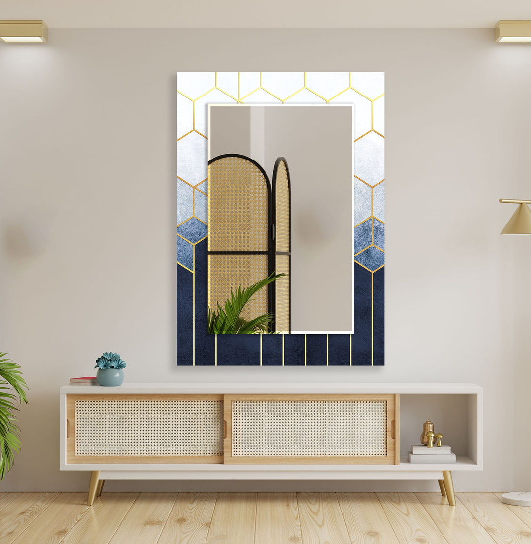 White and Blue Hexagon Wall Mirror Modern Wall Mirror
