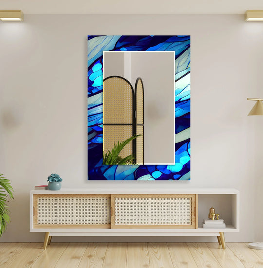 The modern mirror features stained dark blue lines and abstract design and is stained glass wall art that elevates home decor and provides durable reflections