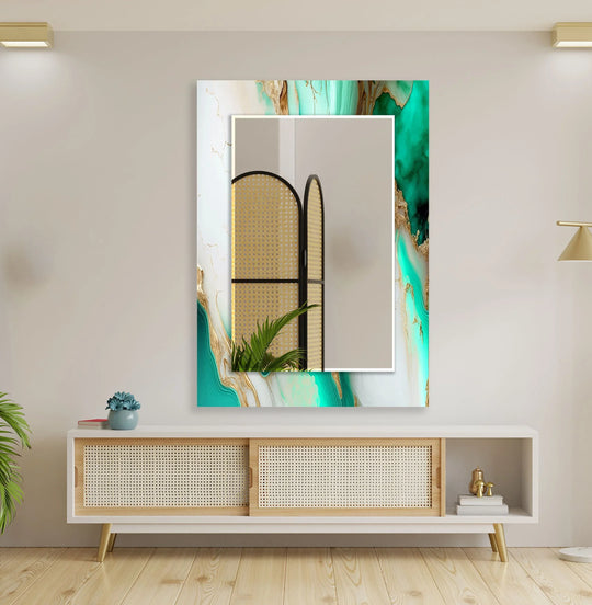 Large Wall Mirrors featuring green white and gold abstract patterns reflecting a rattan screen and plant a modern wall decor