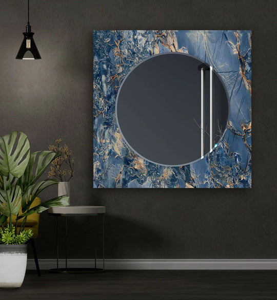 A navy blue ceramic decorative wall mirror featuring navy and gold marbling an abstract design printed on tempered glass and luxury wall art
