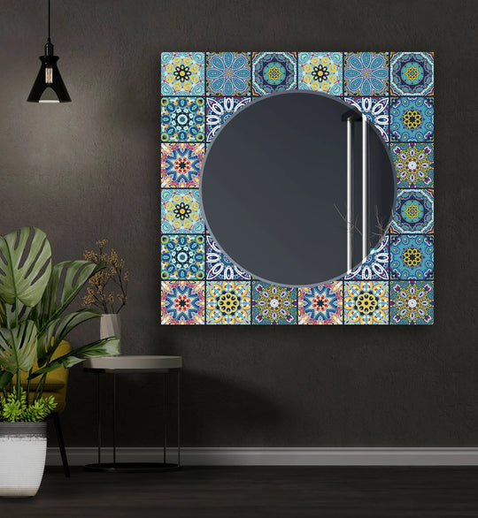 Mosaic Blue Design Mirror Art features vibrant artistic mosaic patterns in blue and yellow an Abstract Mirror for stylish interiors