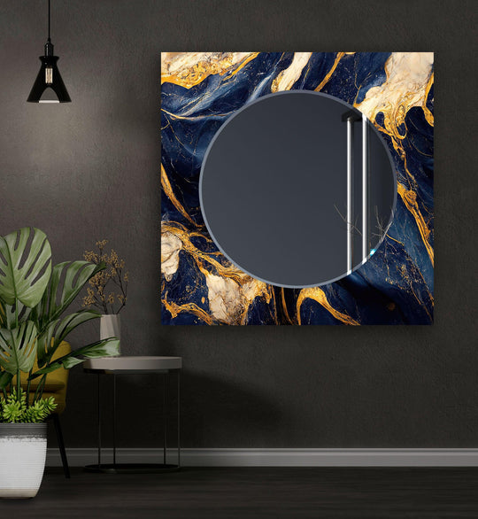Navy Blue Golden Design Wall Mirror features an abstract blue and gold swirl pattern creating a modern square mirror with elegant appeal