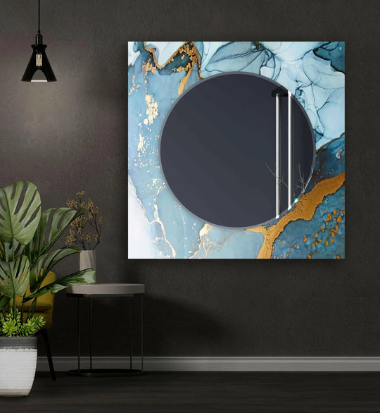 Decorative Wall Mirrors with a round mirror and an abstract golden and light blue design offering a modern and luxurious aesthetic
