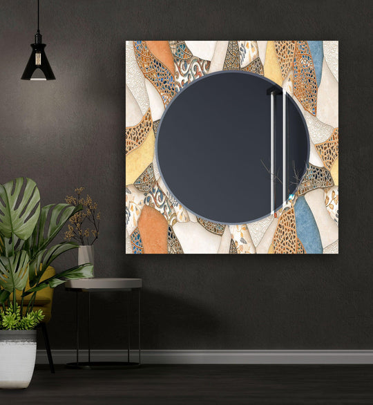 Mosaic Beige and Orange wall mirror showcasing vibrant abstract art patterns and an oval reflective surface a striking decorative piece