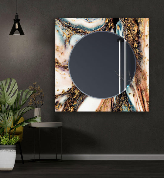 A decorative wall mirror featuring brown golden abstract glass art with flowing white and blue accents a luxurious artistic wall piece