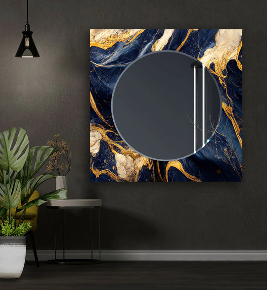 A dark blue and gold wall mirror features an abstract swirling marble design and a round luxurious tempered glass mirror
