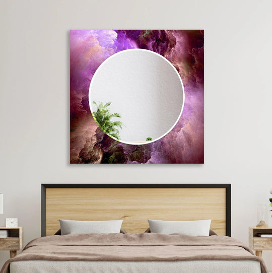 A purple smoke view wall mirror features abstract art in violet and pink reflecting a green plant on a white wall