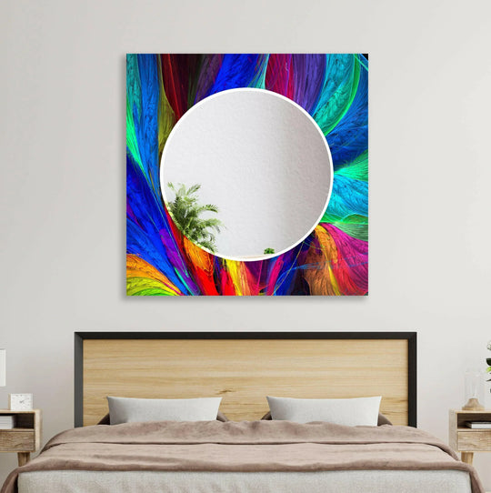 Modern Colorful Abstract Design wall mirror features a vibrant abstract design in multiple bold colors reflecting a green plant on a white wall