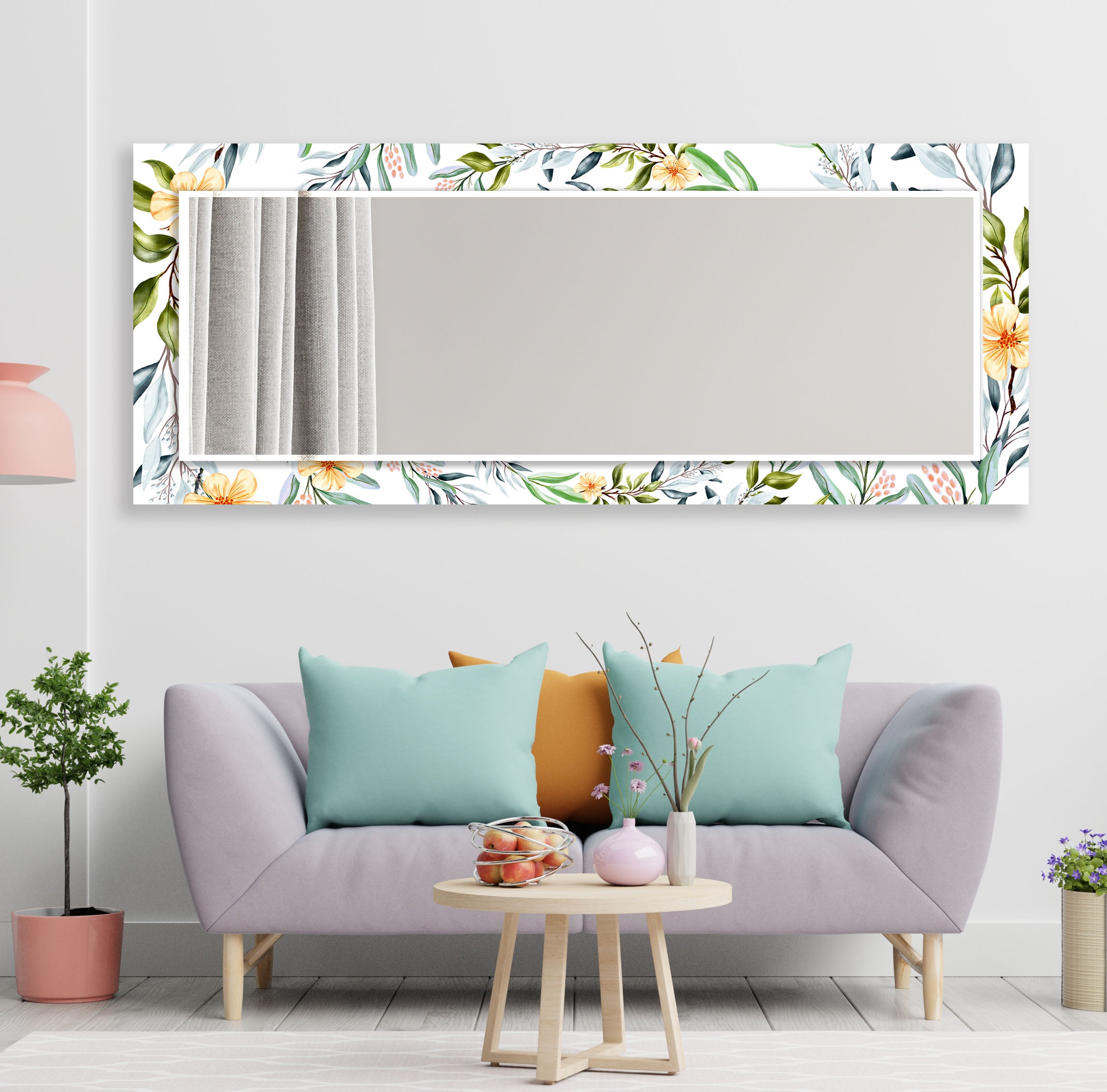 Floral Round Tempered Glass Wall Mirror