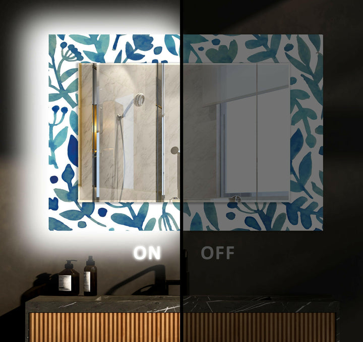 Blue Round Flowers Wall Mirror Wood Mirror
